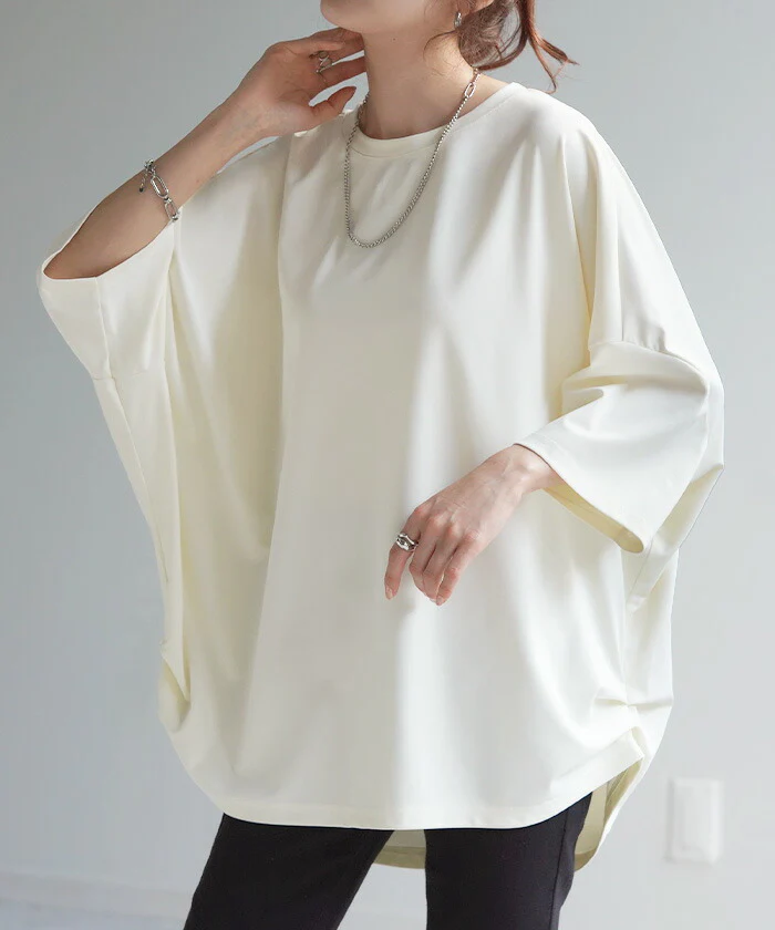 Tシャツ カットソー 涼しい トップス レディース タック ロング ティーシャツ オーバーサイズ ビック チュニック ドルマン コクーン 体型カバー 半袖 無地 大きいサイズ きれいめ Uネック ゆったり 白T お尻が隠れる 白 ブラック 黒 春 夏 HUG.U メール便 - Image 5