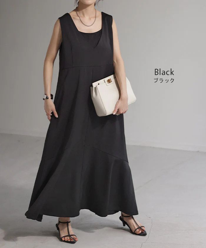 【夏セール】 ワンピース マーメイド Aライン ロングワンピース ノースリーブ レディース ロング ロングワンピ マキシ ジャンパースカート ワンピ マーメイドワンピース フレア レイヤード タンク Vネック ゆったり 大きいサイズ きれいめ ブラック 黒 白 春 夏 HUG.U メール便 - Image 13