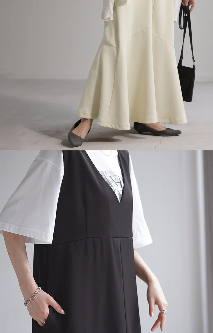 【夏セール】 ワンピース マーメイド Aライン ロングワンピース ノースリーブ レディース ロング ロングワンピ マキシ ジャンパースカート ワンピ マーメイドワンピース フレア レイヤード タンク Vネック ゆったり 大きいサイズ きれいめ ブラック 黒 白 春 夏 HUG.U メール便 - Image 9