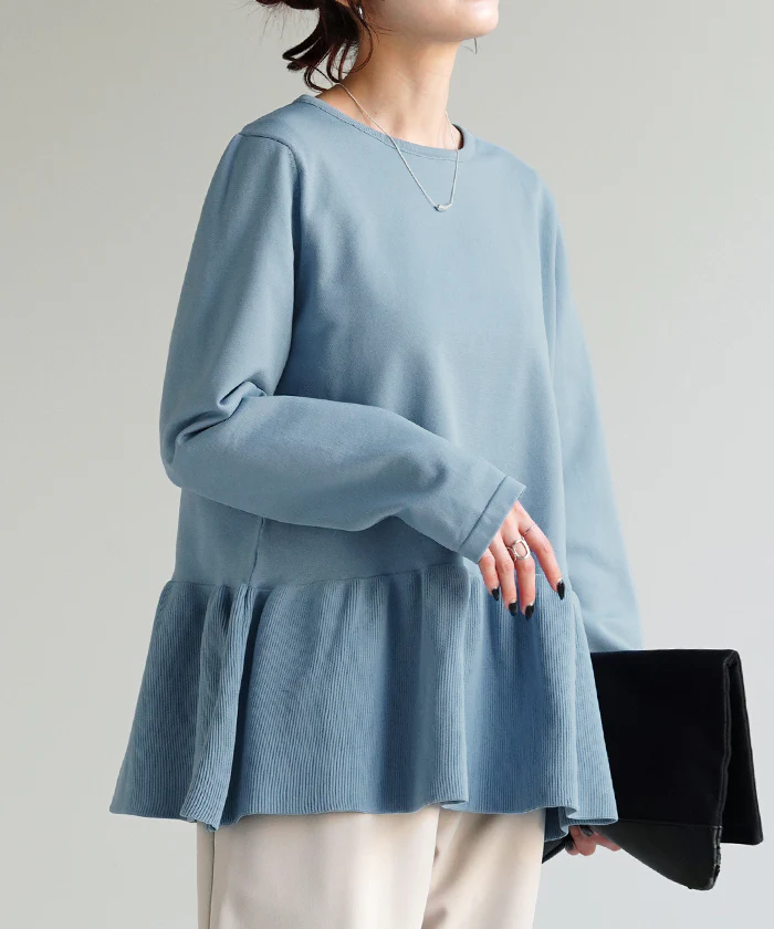 【特別価格】 スポンジ ニット 大人可愛い ペプラム プルオーバー セーター トレーナー トップス レディース 軽い 長袖 丸首 春ニット チュニック バックフリル オフィス 通勤 ゆる 体型カバー お尻が隠れる きれいめ シンプル ライトニット 黒 ブルー 春 夏 HUG.U - Image 28