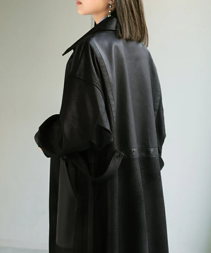 ジャケット レザー 風 ロング レディース アウター ロングジャケット コート ストレッチ 軽量 羽織 オーバー ロングアウター 切り替え ロングコート レザージャケット 上品 きれいめ モード 体型カバー 大きいサイズ 黒 ブラック 春 夏 HUG.U - Image 7