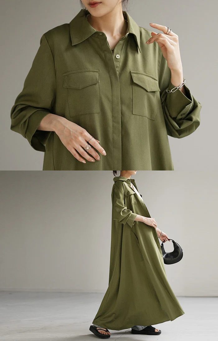 ワンピース シャツ 体型カバー シャツワンピース ■一部7月中旬入荷 レディース シャツワンピ ロングシャツ ロング 長袖 ワンピ マキシ 大きいサイズ 無地 ブラウス ライトアウター 羽織 オーバーサイズ ゆったり オフィス カーキ 黒 ブラック 重ね着 春 夏 HUG.U - Image 19