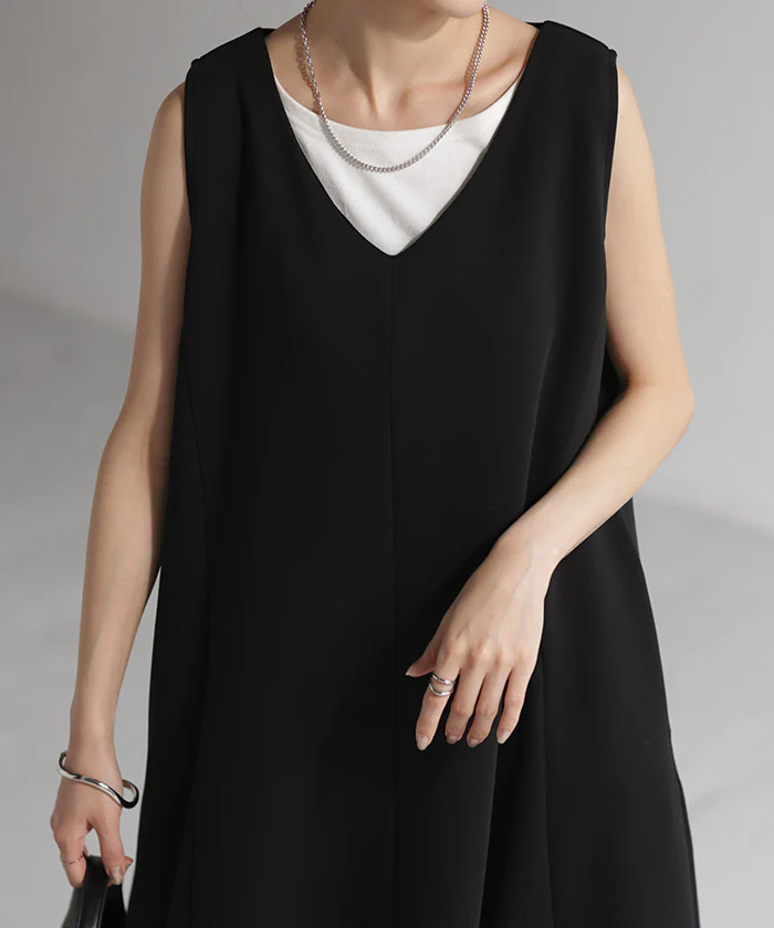 ワンピース Aライン スウェット ワンピース ■一部7月中旬入荷 ロングワンピース ノースリーブ レディース ロング ロングワンピ マキシ ジャンパースカート 大判 スエット トレーナー レイヤード タンク Vネック 大きいサイズ 厚手 ブラック 黒 春 夏 HUG.U - Image 6