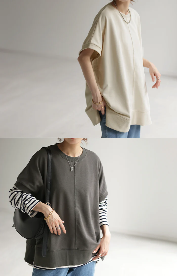 Tシャツ ベスト スウェット トップス レディース ロング 半袖 トレーナー 無地 レイヤード ゆったり ドルマン プルオーバー ジレ センターライン リブ 体型カバー 着痩せ 綿 シンプル お尻が隠れる 大きいサイズ グリーン 黒 ブラック 白 春 夏 HUG.U - Image 3