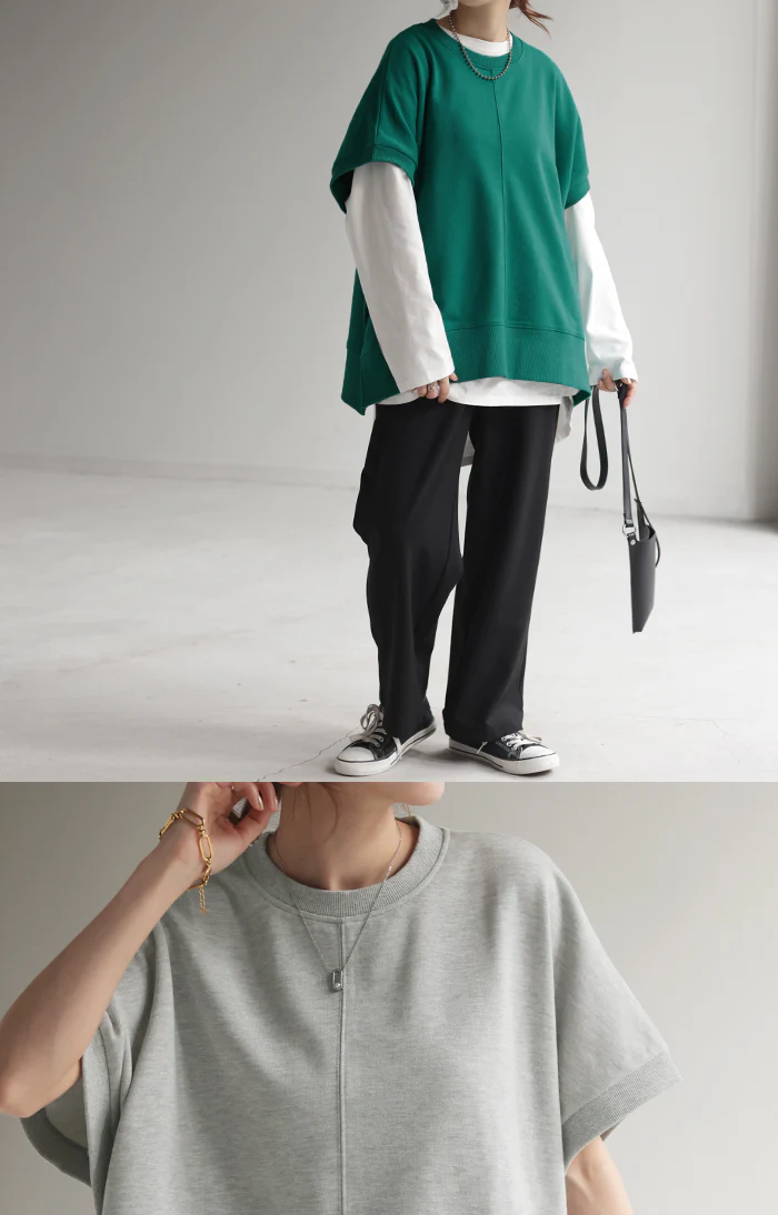 Tシャツ ベスト スウェット トップス レディース ロング 半袖 トレーナー 無地 レイヤード ゆったり ドルマン プルオーバー ジレ センターライン リブ 体型カバー 着痩せ 綿 シンプル お尻が隠れる 大きいサイズ グリーン 黒 ブラック 白 春 夏 HUG.U - Image 9