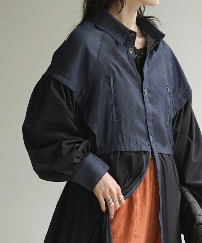 ワンピ デニム ワンピース プリーツ シャツ ロングワンピース ロング デニムワンピ レディース アウター 長い シャツワンピース ライトアウター マキシ 長袖 きれいめ 体型カバー おしゃれ 羽織 前開き ぽわん袖 Aライン モード ブラック 黒 春 夏 HUG.U - Image 15