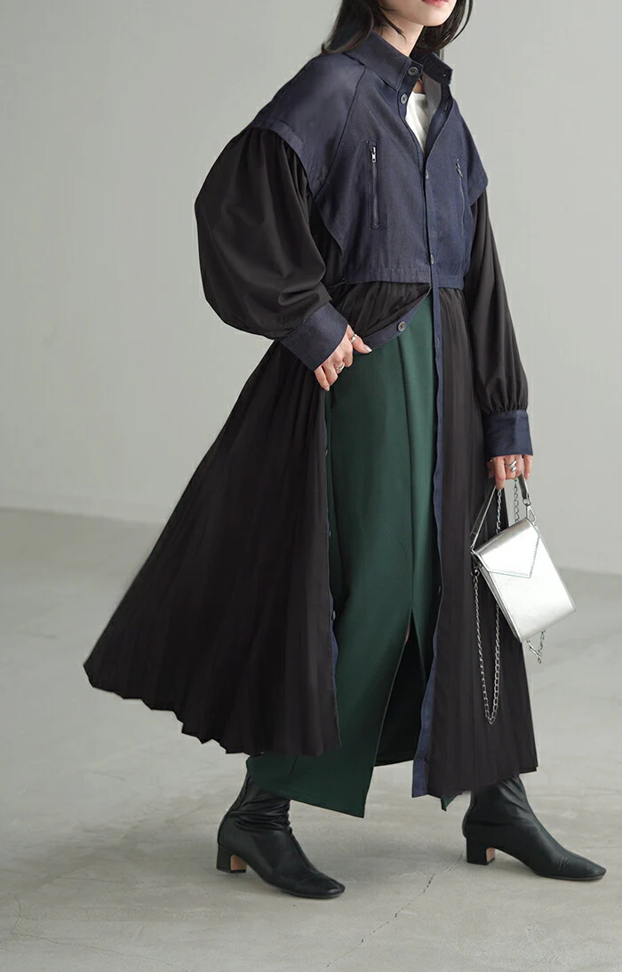 ワンピ デニム ワンピース プリーツ シャツ ロングワンピース ロング デニムワンピ レディース アウター 長い シャツワンピース ライトアウター マキシ 長袖 きれいめ 体型カバー おしゃれ 羽織 前開き ぽわん袖 Aライン モード ブラック 黒 春 夏 HUG.U - Image 19