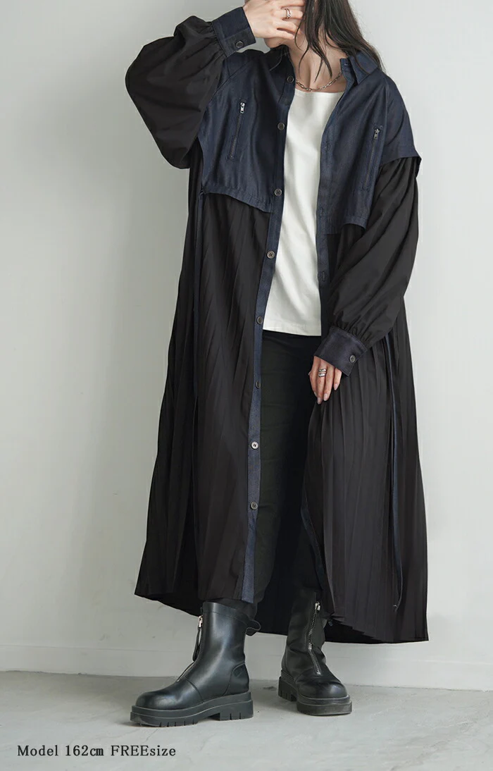 ワンピ デニム ワンピース プリーツ シャツ ロングワンピース ロング デニムワンピ レディース アウター 長い シャツワンピース ライトアウター マキシ 長袖 きれいめ 体型カバー おしゃれ 羽織 前開き ぽわん袖 Aライン モード ブラック 黒 春 夏 HUG.U - Image 5
