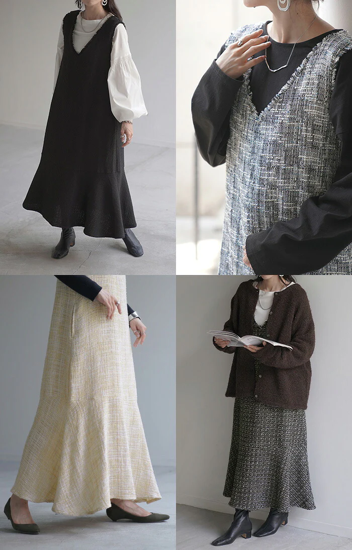 【特別価格】 ワンピース ツイード マーメイド レイヤード レディース ジャンパースカート Vネック ロング ノースリーブ 重ね着 ロングワンピース マキシ ベスト フリンジ ノースリ ノースリブワンピース フレア きれいめ オフィス 体型カバー 黒 白 春 夏 HUG.U - Image 18
