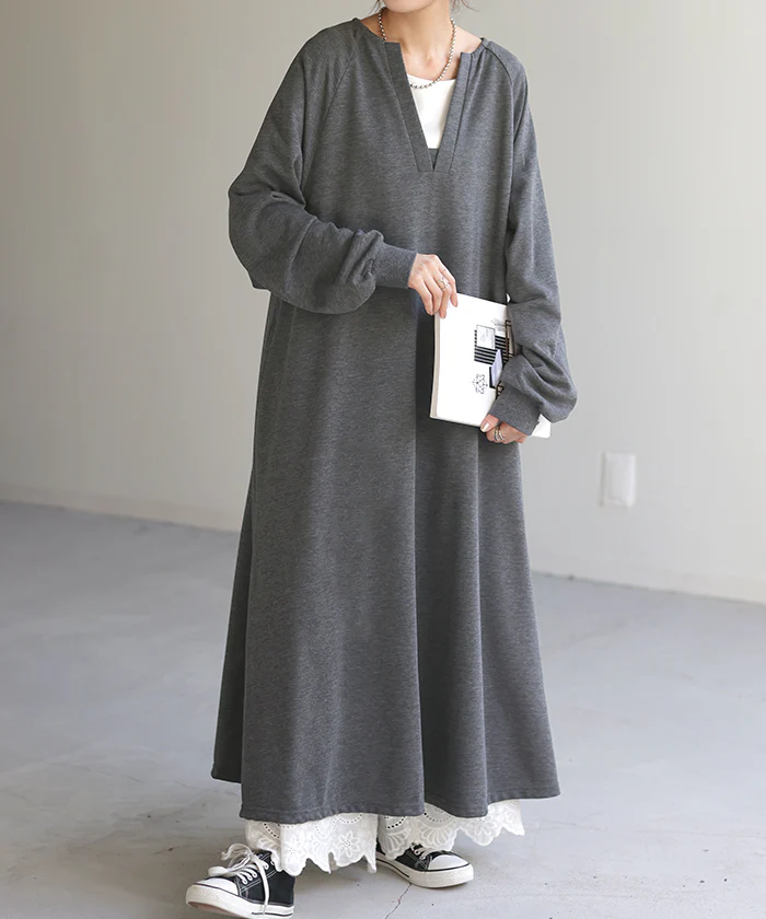 ワンピ ヘンリーネック Aライン ワンピース ロングワンピース レディース ロング ロングワンピ マキシ 大判 長袖 スウェット スエット トレーナー レイヤード 薄手 重ね ドルマン ぽわん袖 二の腕カバー ゆったり 大きいサイズ ブルー 黒 春 夏 HUG.U - Image 28