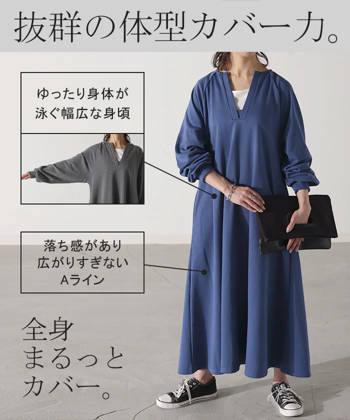 ワンピ ヘンリーネック Aライン ワンピース ロングワンピース レディース ロング ロングワンピ マキシ 大判 長袖 スウェット スエット トレーナー レイヤード 薄手 重ね ドルマン ぽわん袖 二の腕カバー ゆったり 大きいサイズ ブルー 黒 春 夏 HUG.U - Image 7