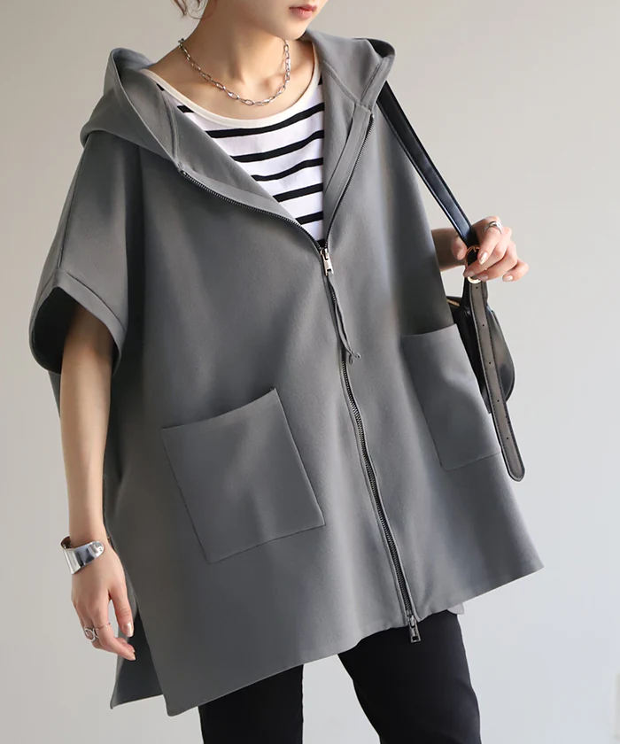【夏セール】 パーカー 軽量 半袖 トップス レディース ロング ■7月中旬入荷 レイヤード ゆったり ニット 無地 ジレ ベスト ニットベスト スポンジニット ドルマン ジップアップ フード お尻が隠れる 体型カバー 大きいサイズ ベージュ 白 ホワイト グレー 黒 春 夏 春 HUG.U - Image 27