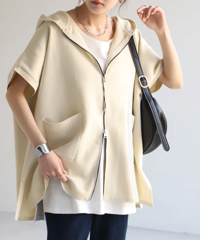 【夏セール】 パーカー 軽量 半袖 トップス レディース ロング ■7月中旬入荷 レイヤード ゆったり ニット 無地 ジレ ベスト ニットベスト スポンジニット ドルマン ジップアップ フード お尻が隠れる 体型カバー 大きいサイズ ベージュ 白 ホワイト グレー 黒 春 夏 春 HUG.U - Image 28