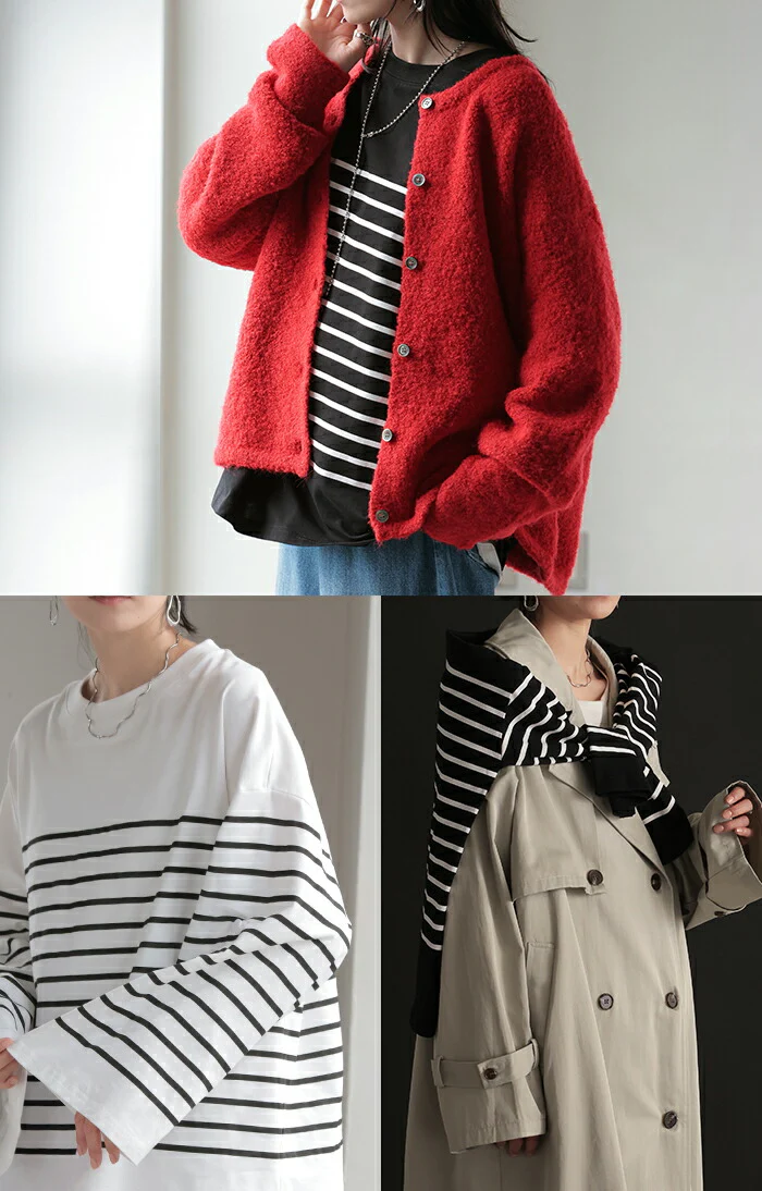 Tシャツ ボーダー 綿100％ レディース トップス カットソー ロング 長袖 ロング ロングＴシャツ ロングトップス コットン ボーダー柄 ストライプ 二の腕カバー お尻が隠れる 体型カバー 大きいサイズ モノトーン 黒 白 春 夏 HUG.U メール便 - Image 22