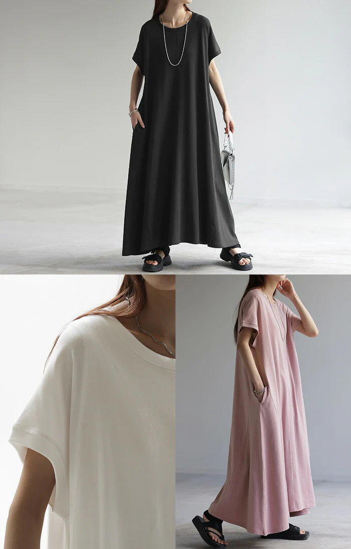 ワンピース Tシャツワンピース レディース ロングワンピース ロング 綿 混 フレンチスリーブ 二の腕カバー マキシ フレア 半袖 センターライン 切り替えデザイン Uネック 着痩せ Aライン きれいめ 大きいサイズ 体型カバー 黒 春 夏 HUG.U - Image 21