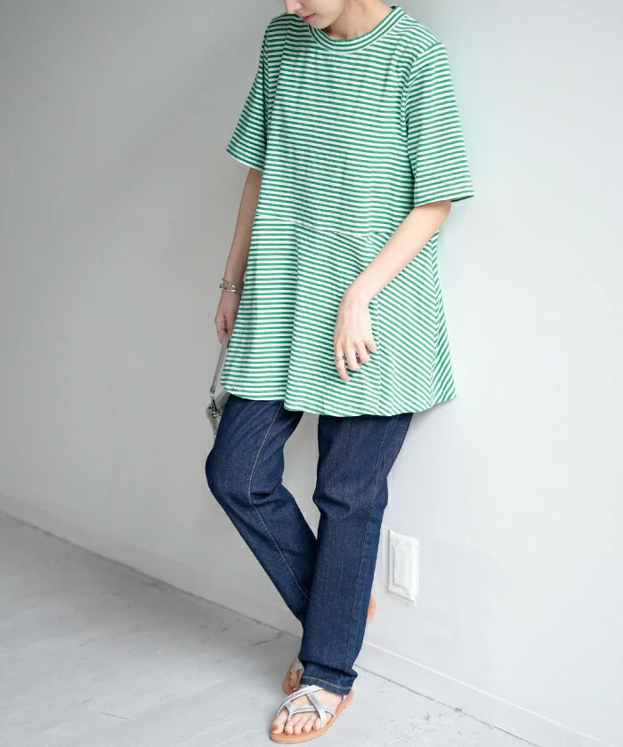 【夏セール】 Tシャツ ボーダー 柄 トップス ロング カットソー 二の腕カバー きれいめ レディース ティーシャツ 半袖 フリル チュニック 体型カバー 長い 薄手 ペプラム レイヤード モックネック フレア お尻が隠れる ストレッチ グリーン 白 黒 春 夏 HUG.U メール便 - Image 11