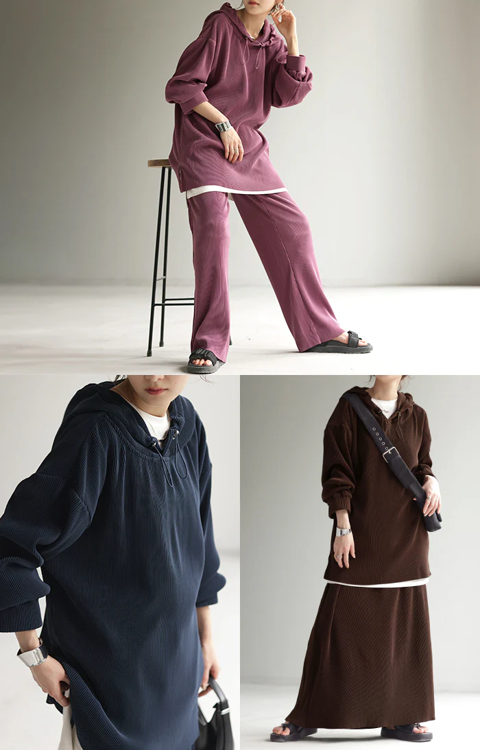 《選べる・ セルフカット 可》 セットアップ パーカー パンツ スカート レディース 速乾 プリーツスカート ボトムス ロング ロングスカート ワイドパンツ ワイド リブ リブパンツ トップス 長袖 無地 大きいサイズ 黒 ブラック ネイビー 春 夏 HUG.U - Image 21