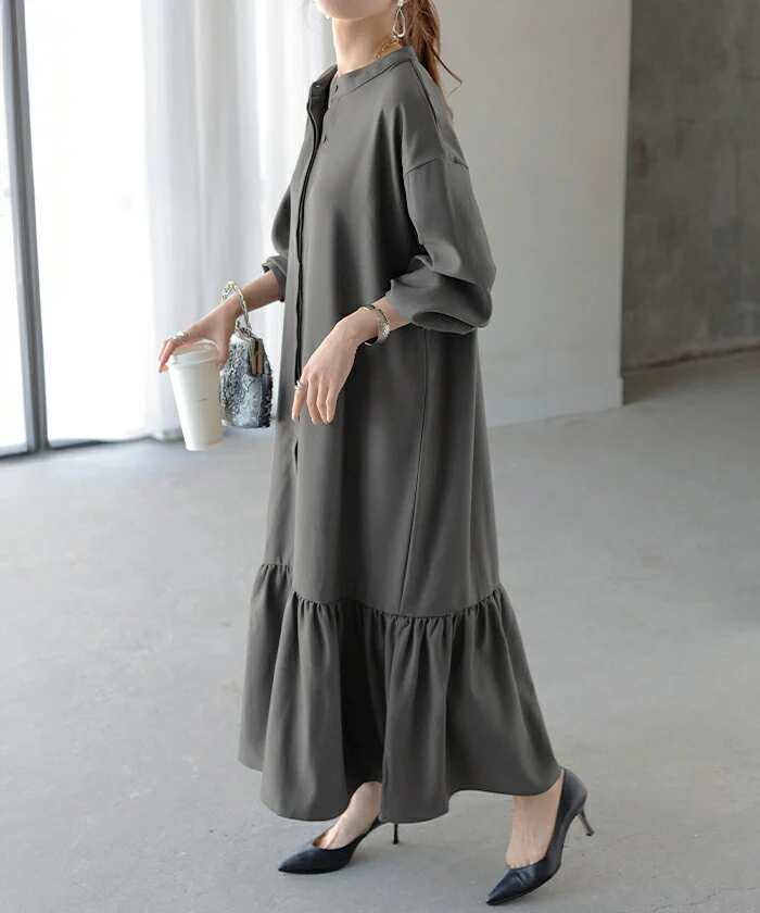 ワンピース レディース ロング シャツワンピース シャツ ロングワンピース ロングワンピ マキシ マキシワンピース マーメイド マーメイドワンピース マーメイドワンピ ワンピ ノーカラー 長袖 無地 大きいサイズ 体型カバー 黒 イエロー 春 夏 HUG.U - Image 23