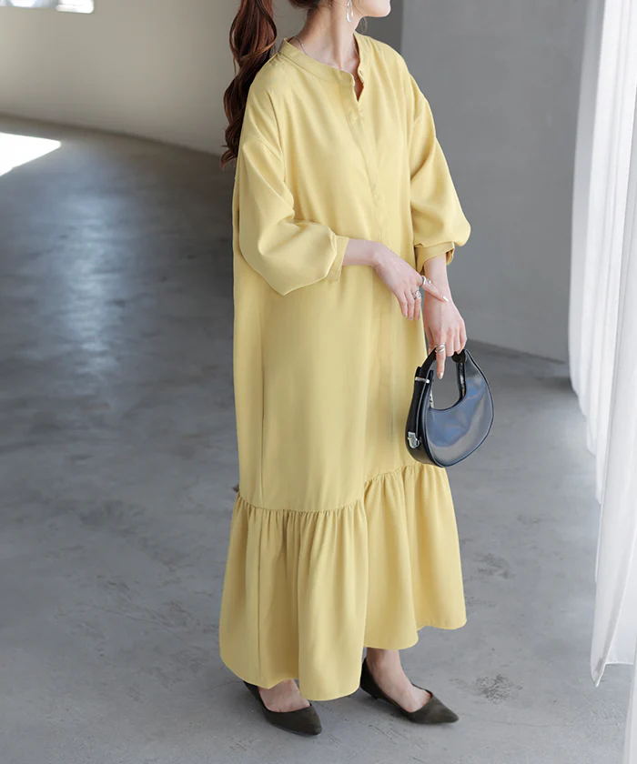 ワンピース レディース ロング シャツワンピース シャツ ロングワンピース ロングワンピ マキシ マキシワンピース マーメイド マーメイドワンピース マーメイドワンピ ワンピ ノーカラー 長袖 無地 大きいサイズ 体型カバー 黒 イエロー 春 夏 HUG.U - Image 26