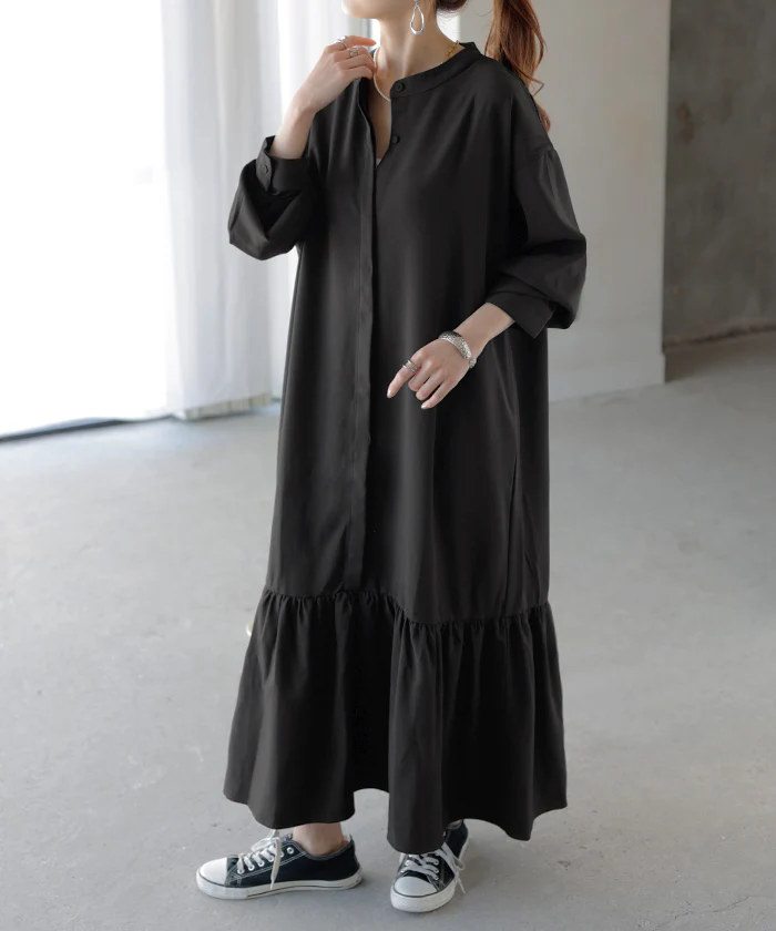 ワンピース レディース ロング シャツワンピース シャツ ロングワンピース ロングワンピ マキシ マキシワンピース マーメイド マーメイドワンピース マーメイドワンピ ワンピ ノーカラー 長袖 無地 大きいサイズ 体型カバー 黒 イエロー 春 夏 HUG.U - Image 28
