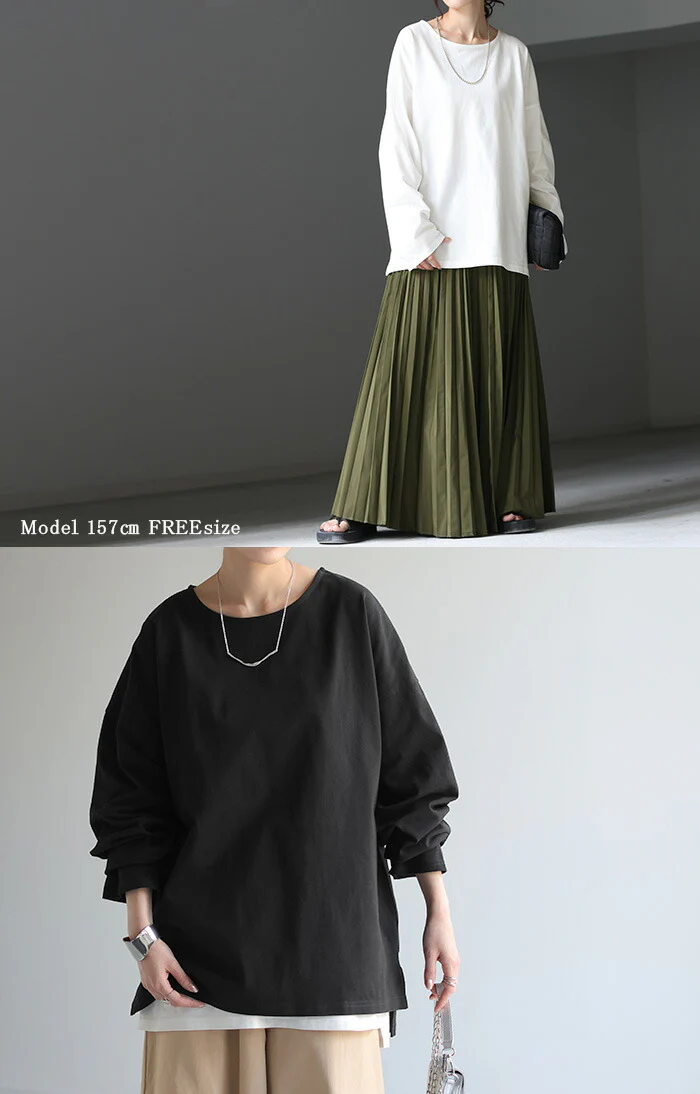 Tシャツ ロンT バスクT レディース トップス ボートネック 長袖 スリット 綿100％ 無地 Uネック 体型カバー カットソー チュニック ロング お尻が隠れる 重ね着 レイヤード オーバーサイズ ゆったり 丈夫 着回し 大きいサイズ 黒 白 黄色 春 夏 HUG.U メール便 - Image 23