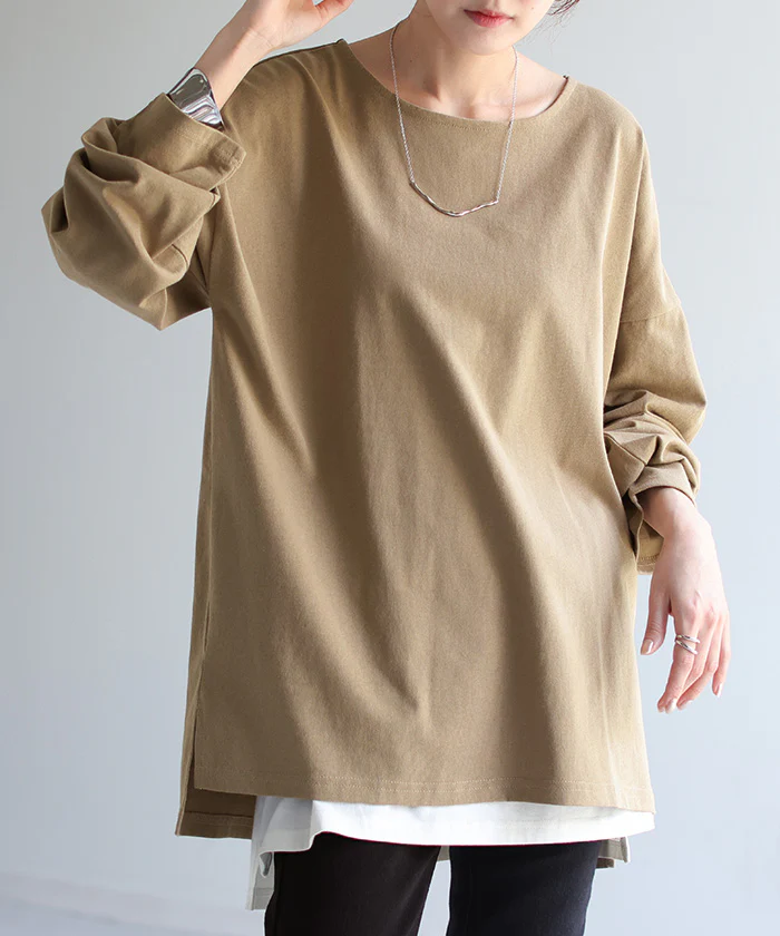 Tシャツ ロンT バスクT レディース トップス ボートネック 長袖 スリット 綿100％ 無地 Uネック 体型カバー カットソー チュニック ロング お尻が隠れる 重ね着 レイヤード オーバーサイズ ゆったり 丈夫 着回し 大きいサイズ 黒 白 黄色 春 夏 HUG.U メール便 - Image 27
