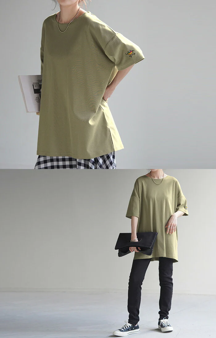 Tシャツ カットソー 刺繍 トップス レディース ■一部7月上旬入荷 ワンポイント 刺繍Tシャツ ロゴ ロング ティーシャツ ロゴT オーバーサイズ チュニック 小さめ 体型カバー 半袖 大きいサイズ Uネック ゆったり 白T お尻が隠れる 無地 白 ブラック 黒 春 夏 HUG.U メール便 - Image 17