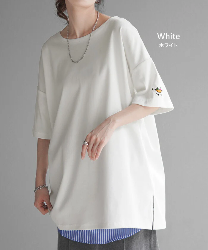 Tシャツ カットソー 刺繍 トップス レディース ■一部7月上旬入荷 ワンポイント 刺繍Tシャツ ロゴ ロング ティーシャツ ロゴT オーバーサイズ チュニック 小さめ 体型カバー 半袖 大きいサイズ Uネック ゆったり 白T お尻が隠れる 無地 白 ブラック 黒 春 夏 HUG.U メール便 - Image 9