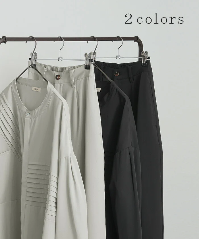 セットアップ レディース シャツ パンツ きれいめ トップス ボトムス ズボン 2点セット 上下セット バンドカラー 長袖 アシメ ドロップショルダー ハイウエスト ストレート 切り替え シンプル 無地 モノトーン 黒 グレー 大きいサイズ 夏 春 HUG.U - Image 9