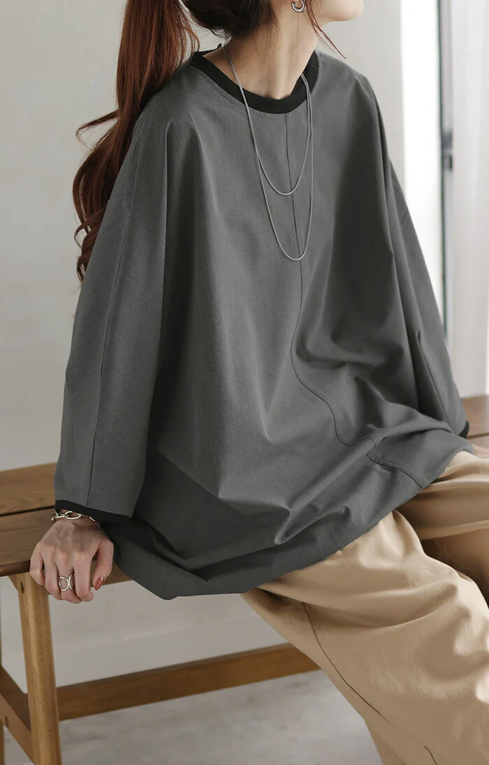 ロンT 体型カバー ドルマン トップス 二の腕カバー レディース カットソー 配色 リブ プルオーバー 無地 長袖 Tシャツ ロング チュニック ロンティー ビッグ 大きいサイズ 長い ゆったり 変形 シルエット お尻が隠れる 黒 白 春 夏 HUG.U メール便 - Image 17