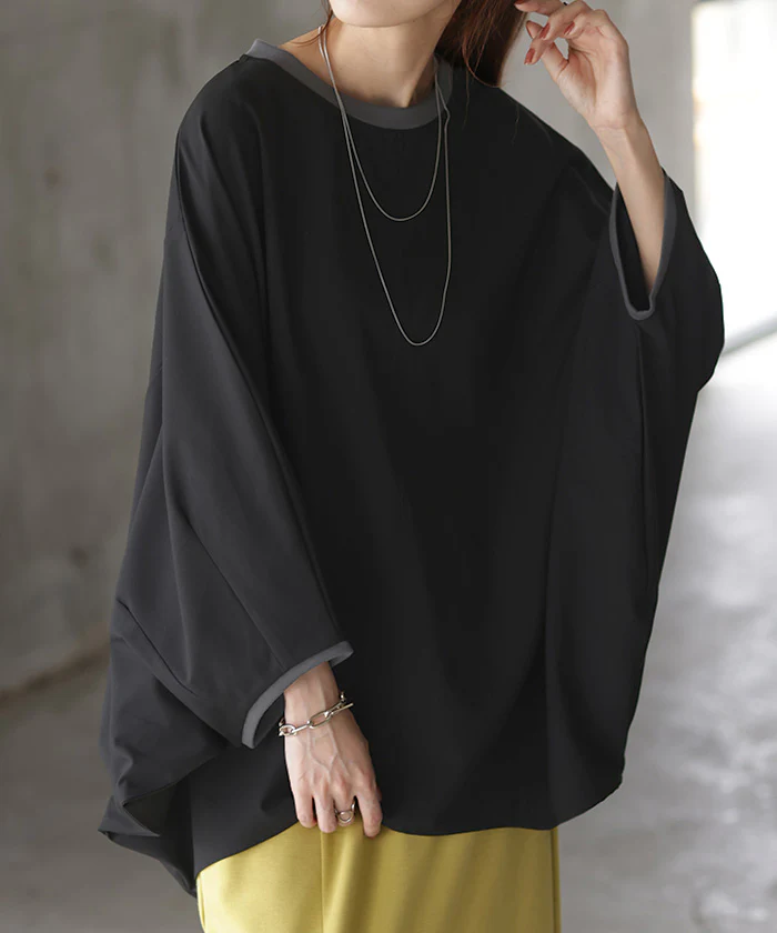 ロンT 体型カバー ドルマン トップス 二の腕カバー レディース カットソー 配色 リブ プルオーバー 無地 長袖 Tシャツ ロング チュニック ロンティー ビッグ 大きいサイズ 長い ゆったり 変形 シルエット お尻が隠れる 黒 白 春 夏 HUG.U メール便 - Image 28