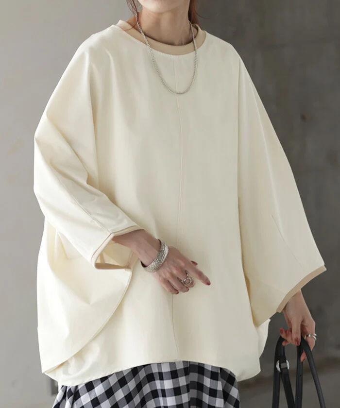 ロンT 体型カバー ドルマン トップス 二の腕カバー レディース カットソー 配色 リブ プルオーバー 無地 長袖 Tシャツ ロング チュニック ロンティー ビッグ 大きいサイズ 長い ゆったり 変形 シルエット お尻が隠れる 黒 白 春 夏 HUG.U メール便 - Image 5