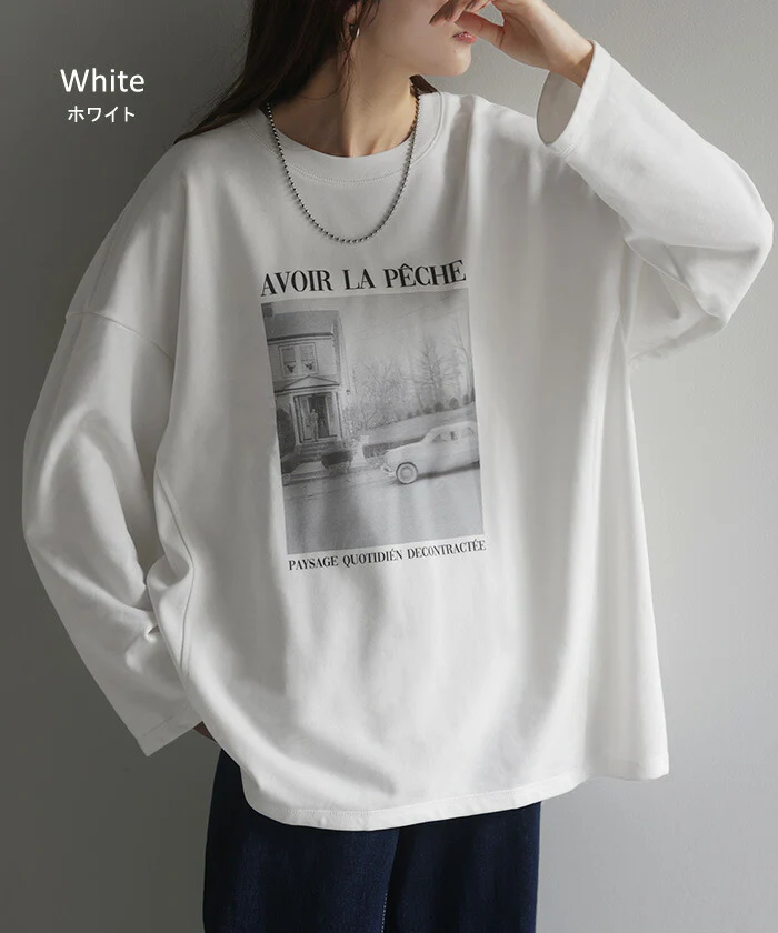 ロンT フォト プリント レディース カットソー ロゴ ロゴT ティーシャツ 無地 長袖 Tシャツ ロング チュニック ルーズ ビッグ トップス Uネック 長い 大きいサイズ ヘビーオンス ゆったり 厚手 ドルマン 体型カバー おしゃれ カーキ 黒 白 春 夏 HUG.U メール便 - Image 14