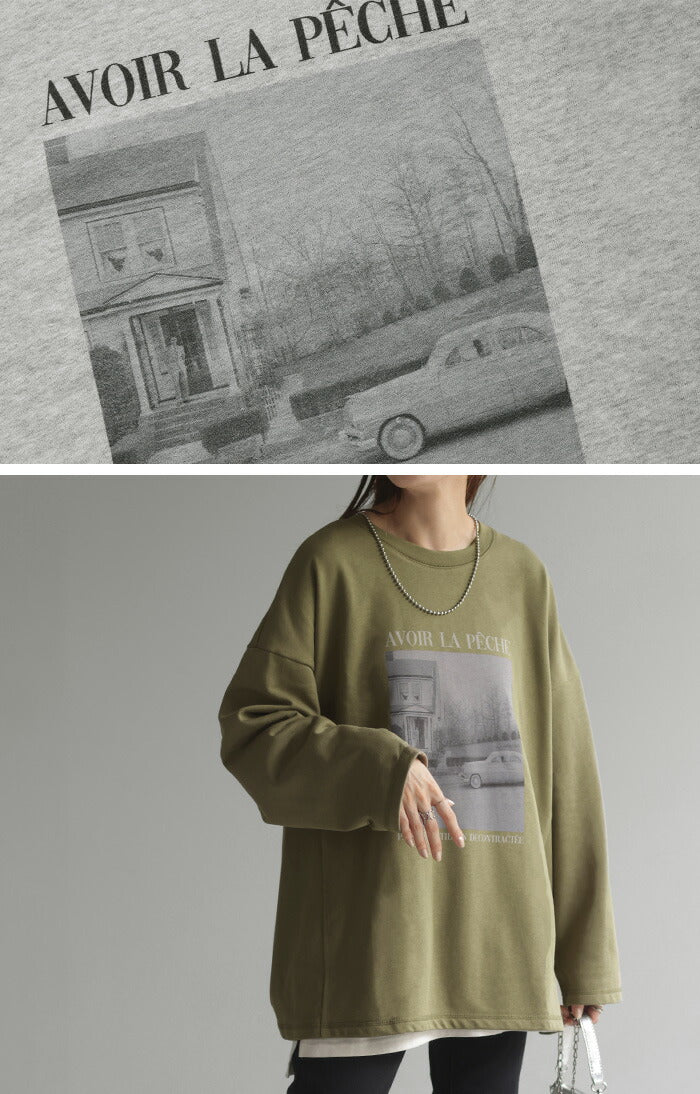 ロンT フォト プリント レディース カットソー ロゴ ロゴT ティーシャツ 無地 長袖 Tシャツ ロング チュニック ルーズ ビッグ トップス Uネック 長い 大きいサイズ ヘビーオンス ゆったり 厚手 ドルマン 体型カバー おしゃれ カーキ 黒 白 春 夏 HUG.U メール便 - Image 19