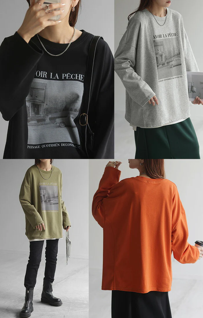 ロンT フォト プリント レディース カットソー ロゴ ロゴT ティーシャツ 無地 長袖 Tシャツ ロング チュニック ルーズ ビッグ トップス Uネック 長い 大きいサイズ ヘビーオンス ゆったり 厚手 ドルマン 体型カバー おしゃれ カーキ 黒 白 春 夏 HUG.U メール便 - Image 22