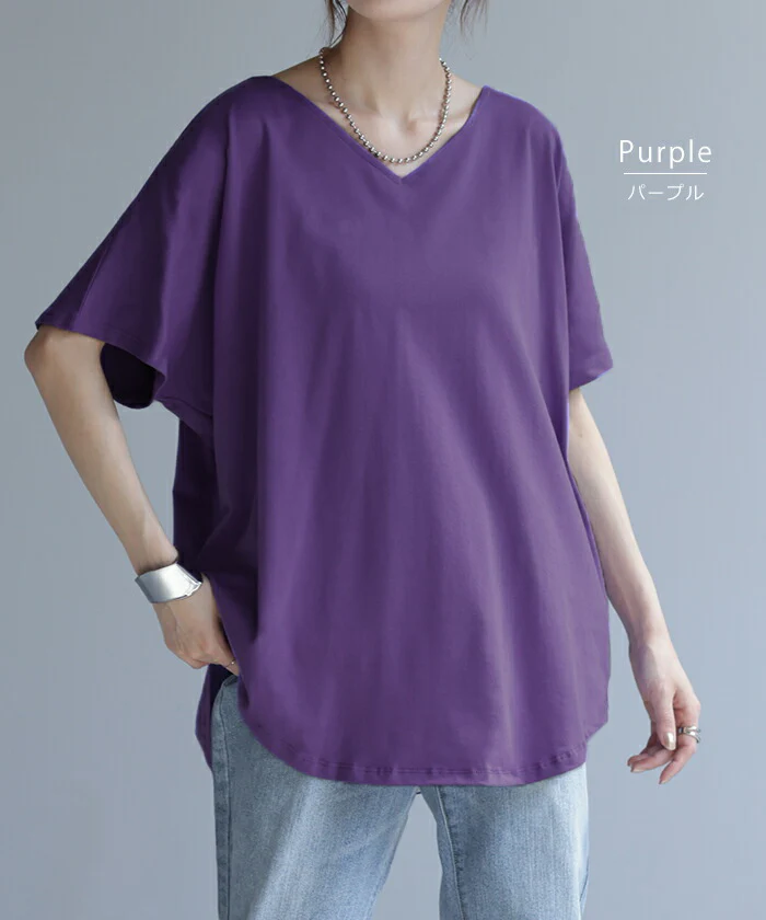 Tシャツ ドルマン カットソー 二の腕カバー ドルマンスリーブ トップス ティーシャツ きれいめ レディース インナー ティーシャツ ビック チュニック 体型カバー 半袖 大きいサイズ Vネック ゆったり お尻が隠れる 無地 白 ブラック 黒 春 夏 HUG.U メール便 - Image 11