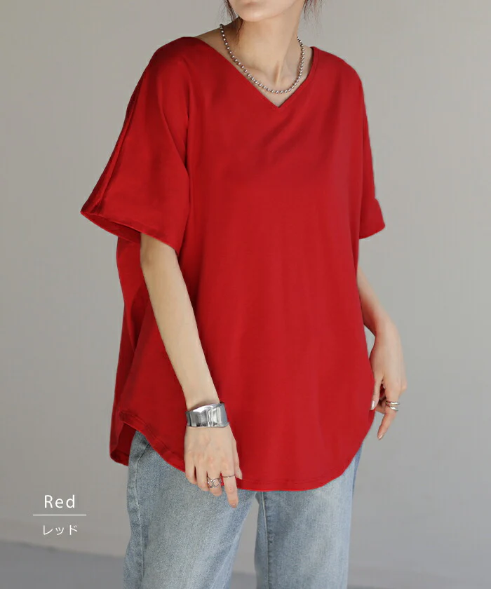 Tシャツ ドルマン カットソー 二の腕カバー ドルマンスリーブ トップス ティーシャツ きれいめ レディース インナー ティーシャツ ビック チュニック 体型カバー 半袖 大きいサイズ Vネック ゆったり お尻が隠れる 無地 白 ブラック 黒 春 夏 HUG.U メール便 - Image 12