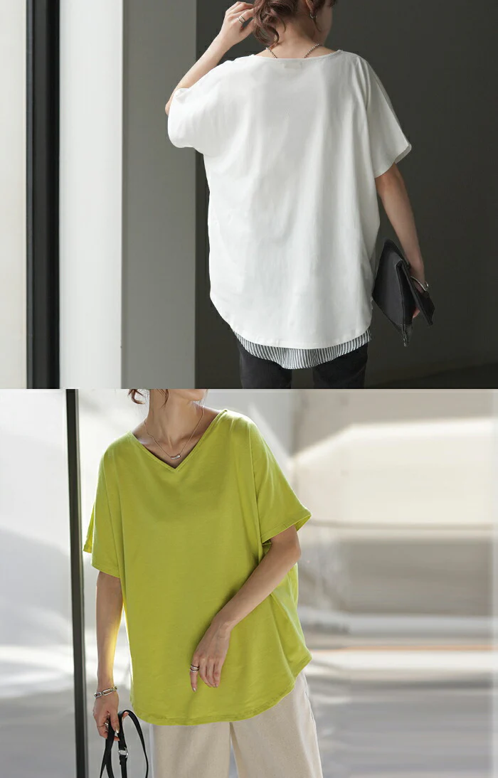 Tシャツ ドルマン カットソー 二の腕カバー ドルマンスリーブ トップス ティーシャツ きれいめ レディース インナー ティーシャツ ビック チュニック 体型カバー 半袖 大きいサイズ Vネック ゆったり お尻が隠れる 無地 白 ブラック 黒 春 夏 HUG.U メール便 - Image 23