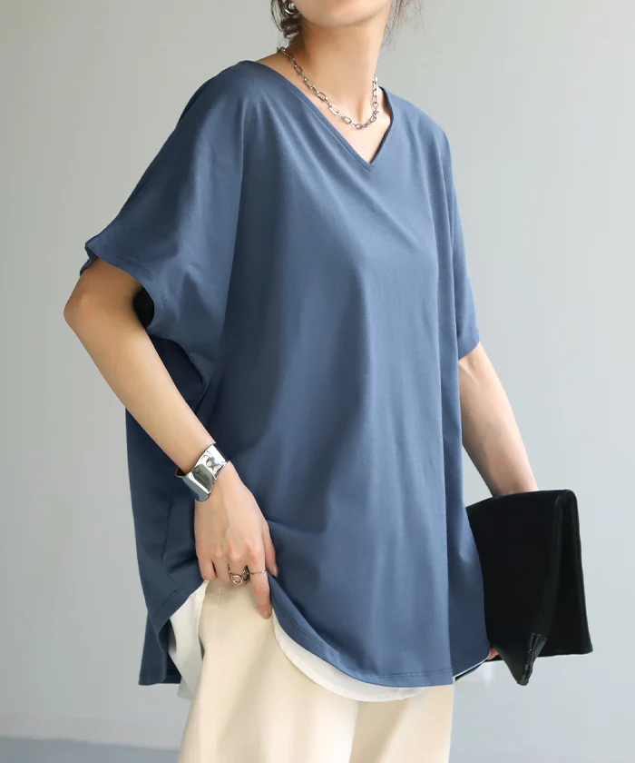 Tシャツ ドルマン カットソー 二の腕カバー ドルマンスリーブ トップス ティーシャツ きれいめ レディース インナー ティーシャツ ビック チュニック 体型カバー 半袖 大きいサイズ Vネック ゆったり お尻が隠れる 無地 白 ブラック 黒 春 夏 HUG.U メール便 - Image 31