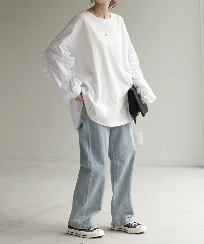 カットソー ぽわん袖 ギャザー レディース トップス ブラウス ロング Ｔシャツ チュニック 長袖 Uネック ゆったり プルオーバー シャツ フレア袖 綿 無地 お尻が隠れる 体型カバー きれいめ ドッキング 異素材 大きいサイズ 黒 白 春 夏 HUG.U - Image 10