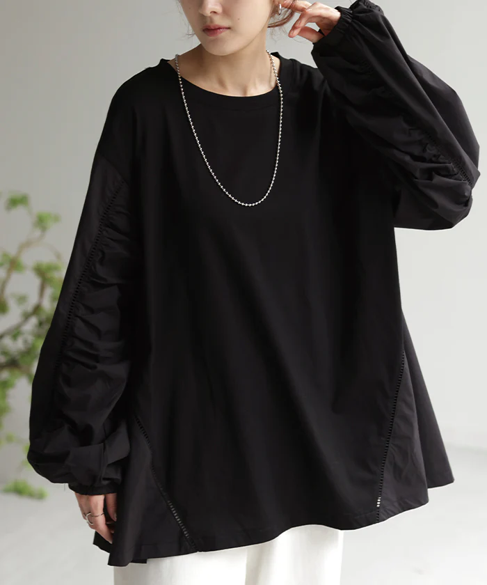 カットソー ぽわん袖 ギャザー レディース トップス ブラウス ロング Ｔシャツ チュニック 長袖 Uネック ゆったり プルオーバー シャツ フレア袖 綿 無地 お尻が隠れる 体型カバー きれいめ ドッキング 異素材 大きいサイズ 黒 白 春 夏 HUG.U - Image 28