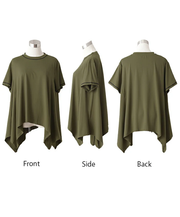 【夏セール】 Tシャツ 接触冷感 トップス 涼しい 薄手 チュニック ロング レディース カットソー Uネック ティーシャツ 変形 長い 半袖 ゆったり 変形シルエット 白T フレア Aライン 長め 無地 お尻が隠れる 大きいサイズ 白 ブラック 黒 カーキ 春 夏 HUG.U メール便 - Image 16