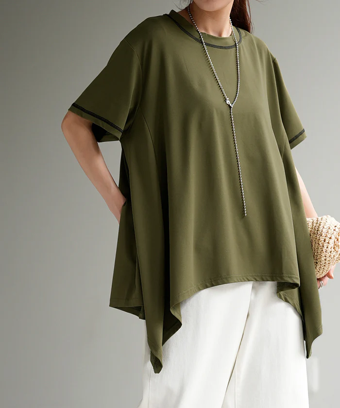 【夏セール】 Tシャツ 接触冷感 トップス 涼しい 薄手 チュニック ロング レディース カットソー Uネック ティーシャツ 変形 長い 半袖 ゆったり 変形シルエット 白T フレア Aライン 長め 無地 お尻が隠れる 大きいサイズ 白 ブラック 黒 カーキ 春 夏 HUG.U メール便 - Image 21