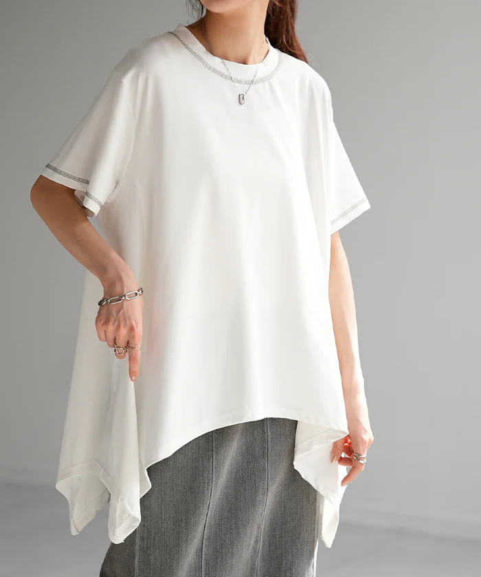 【夏セール】 Tシャツ 接触冷感 トップス 涼しい 薄手 チュニック ロング レディース カットソー Uネック ティーシャツ 変形 長い 半袖 ゆったり 変形シルエット 白T フレア Aライン 長め 無地 お尻が隠れる 大きいサイズ 白 ブラック 黒 カーキ 春 夏 HUG.U メール便 - Image 22