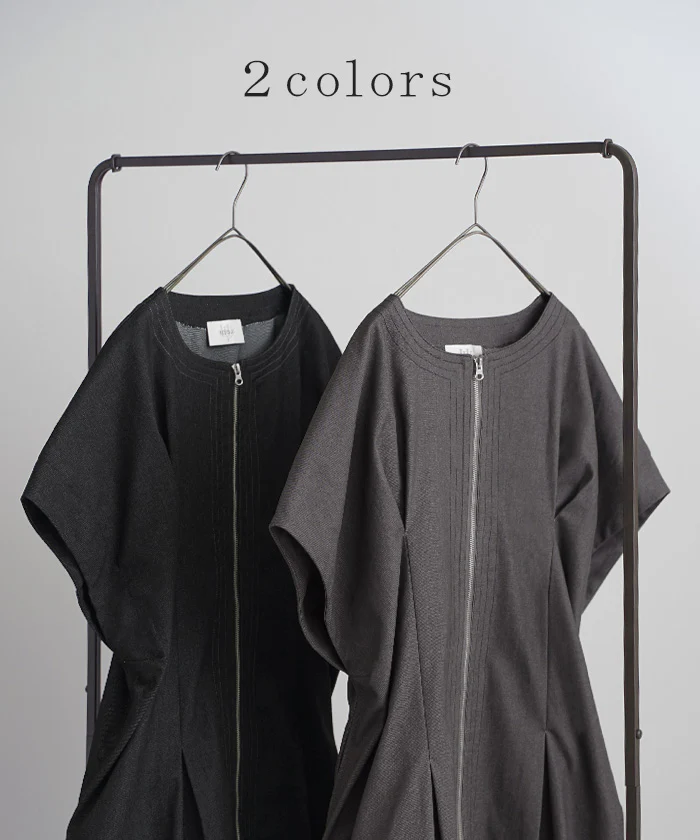 ワンピース ジレ 2way ロング レディース トップス レイヤード 重ね着 ロングワンピース 半袖 二の腕カバー Uネック 無地 ダブルジップ ロングジレ ノーカラー ベスト 前開き Aライン フレアワンピース 大きいサイズ 体型カバー 黒 グレー 春 夏 HUG.U - Image 11
