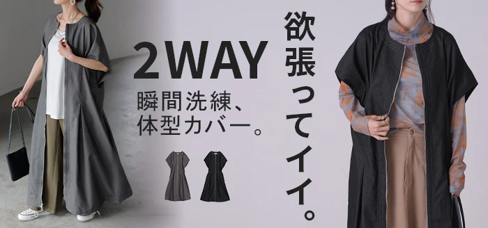 ワンピース ジレ 2way ロング レディース トップス レイヤード 重ね着 ロングワンピース 半袖 二の腕カバー Uネック 無地 ダブルジップ ロングジレ ノーカラー ベスト 前開き Aライン フレアワンピース 大きいサイズ 体型カバー 黒 グレー 春 夏 HUG.U - Image 25