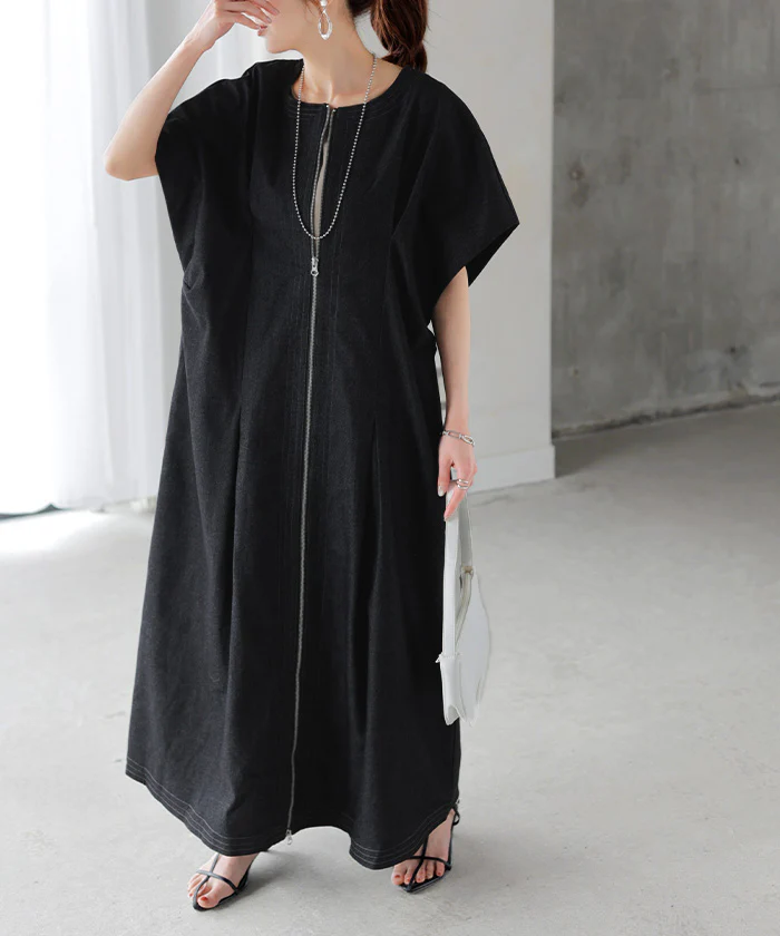 ワンピース ジレ 2way ロング レディース トップス レイヤード 重ね着 ロングワンピース 半袖 二の腕カバー Uネック 無地 ダブルジップ ロングジレ ノーカラー ベスト 前開き Aライン フレアワンピース 大きいサイズ 体型カバー 黒 グレー 春 夏 HUG.U - Image 26