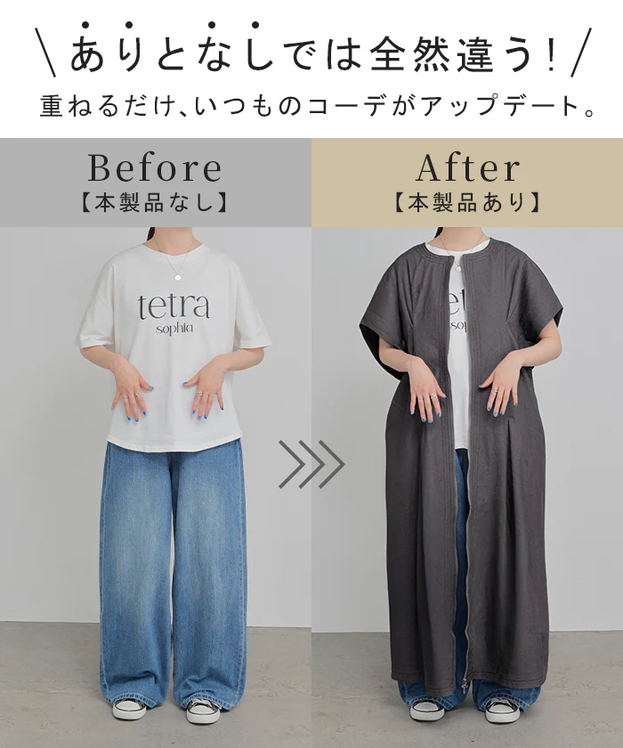 ワンピース ジレ 2way ロング レディース トップス レイヤード 重ね着 ロングワンピース 半袖 二の腕カバー Uネック 無地 ダブルジップ ロングジレ ノーカラー ベスト 前開き Aライン フレアワンピース 大きいサイズ 体型カバー 黒 グレー 春 夏 HUG.U - Image 6