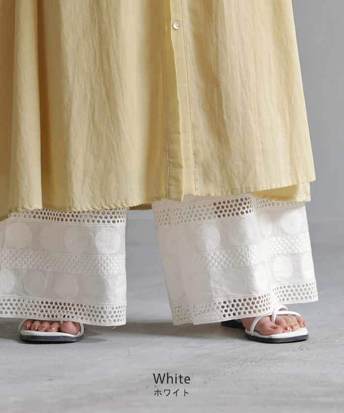 ペチパンツ 綿100% レディース レイヤード ペチコート レース 刺繍 ワイド パンツ 無地 コットン 選べる丈 シアー 切り替え ズボン フレア 裾パンツ ボトムス 体型カバー ウエストゴム ロング インナー 涼しい 重ね着 大きいサイズ 白 黒 春 夏 HUG.U - Image 11