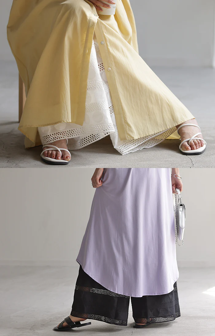 ペチパンツ 綿100% レディース レイヤード ペチコート レース 刺繍 ワイド パンツ 無地 コットン 選べる丈 シアー 切り替え ズボン フレア 裾パンツ ボトムス 体型カバー ウエストゴム ロング インナー 涼しい 重ね着 大きいサイズ 白 黒 春 夏 HUG.U - Image 18